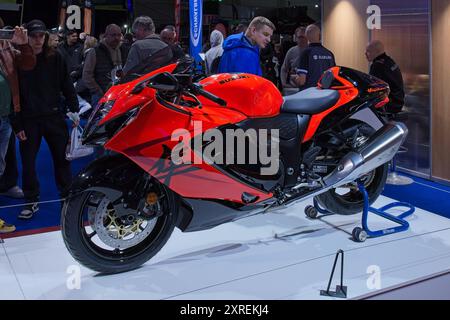 Pasila, Helsinki, Finland – February 3, 2024: Suzuki 2024 Hayabusa 25th Anniversary Edition motorcycle on display at MP 24 Motorcycle fair. Stock Photo