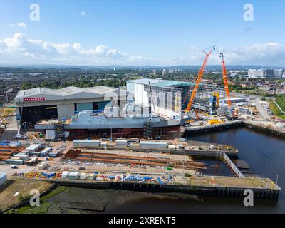 HMS Cardiff under construction at BAE systems shipyard on River Clyde at Govan in Glasgow, Scotland, UK. The ship will shortly be taken by barge to be Stock Photo