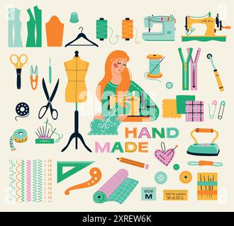 Set of sewing tools icons tailor girl hand made workshop Stock Vector