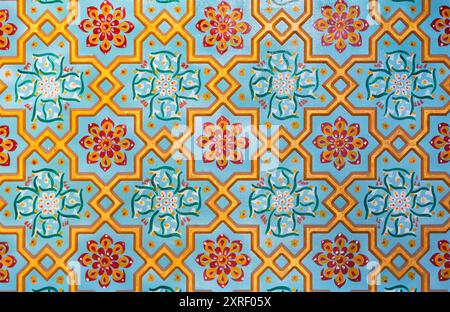 traditional Uzbek pattern on the ceramic tile on the wall of the mosque Stock Photo