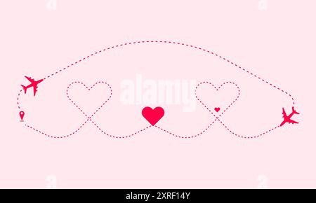 Heart dotted line path, love airplane route, a new baby born lovely heart dashed lines with aircraft and location pin Stock Vector