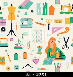 Seamless pattern of sewing tools icons tailor girl hand made workshop Stock Vector