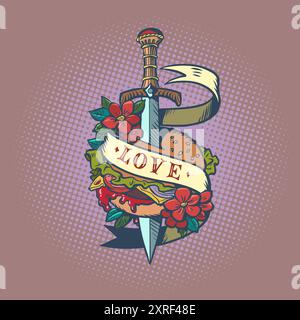 A blade in flowers pierces a burger with the inscription love. Delivery of delicious burgers to all customers. The problem with the habit of eating Stock Vector