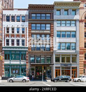 40-44 Hudson Street, Tribeca West Historic District, are similar renovated store and loft buildings of the late 1800s by different architects. Stock Photo
