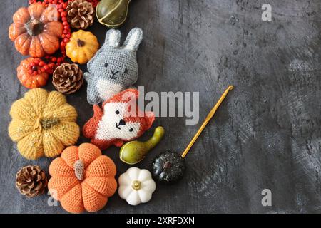 Crocheted toy close up photo. Colorful hand made rug dolls against dark background with space for text. Cute autumn gift ideas. Hobby and leisure Stock Photo