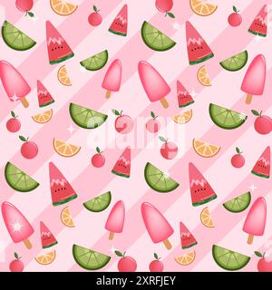 Vibrant Fruit and Ice Cream Pattern on a Bright Pink Background Stock Vector