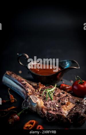 Grilled beef fillet on bbq with rosemary, pepper and savoury sauce on the dark cookind board Stock Photo