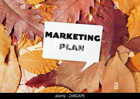 A white sign with the word marketing plan written on it is placed on top of a pile of autumn leaves Stock Photo