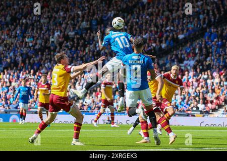 Glasgow, UK. 10th Aug, 2024. Rangers played Motherwell in the frst home game for Rangers, being played at Hampden Park, Glasgow because Ibrox Stadium, Rangers home ground, is under renovation. The final score was Rangers 2 - 1 Motherwell. The goals were scored by Dessers, Cerny and an OG by Propper. Credit: Findlay/Alamy Live News Stock Photo