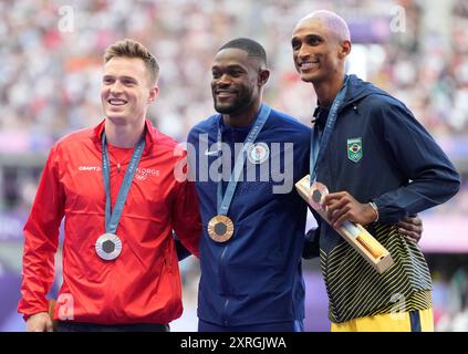 Paris, France. 10th Aug, 2024. Men's 400m hurdles gold medalist Rai Benjamin of the U.S. (C), silver medalist Karsten Warholm of Norway (L) and bronze medalist Alison Dos Santos of Brazil pose on the podium during the Paris 2024 Olympic Games Athletics competition at the Stade de France in Paris, France, on Saturday, August 10, 2024. Photo by Paul Hanna/UPI. Credit: UPI/Alamy Live News Stock Photo