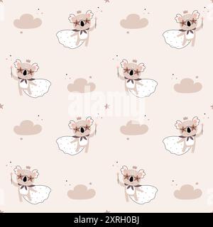 Cute pattern in Scandinavian, boho, minimalism Koalas and clouds. Animals, a charming character.Decor for the nursery, baby shower, textiles Stock Vector