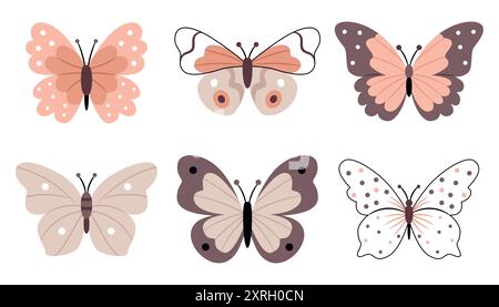 Set of butterflies in scandinavian, boho, minimalist style in beige neutral pastel colors. Stock Vector