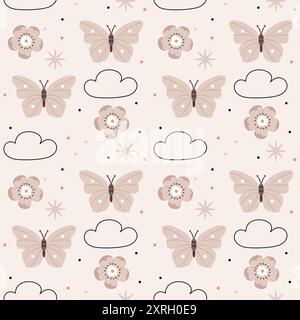 Cute pattern in Scandinavian, boho, minimalism style in beige neutral pastel colors.Butterflies, clouds and flowers.Decor for the nursery, baby shower Stock Vector
