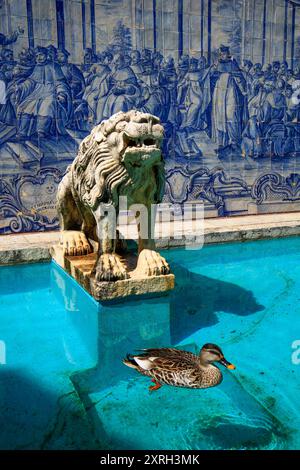 Cascais , Portugal. Duck swimming in a fountain in the park of the Condes de Castro Guimaraes Museum. March 27, 2017 Stock Photo