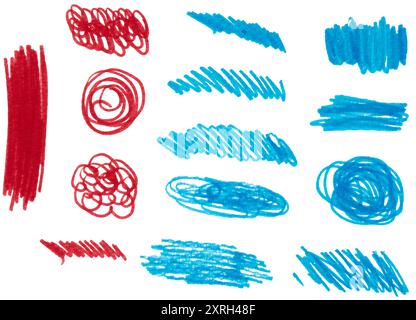 Various scribbles and strokes made with red and blue marker on isolated background Stock Photo