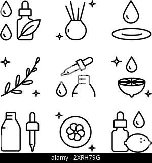 Essential oils aromatherapy line icons set. Outline collection of essential oils perfume. Vector signs for web design isolated on white background. Ve Stock Vector