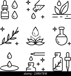 Essential oils aromatherapy line icons set. Outline collection of essential oils perfume. Vector signs for web design isolated on white background. Stock Vector