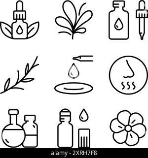 Essential oils aromatherapy line icons set. Outline collection of essential oils perfume. Vector logo symbols for website design, mobile app, ui. Stock Vector