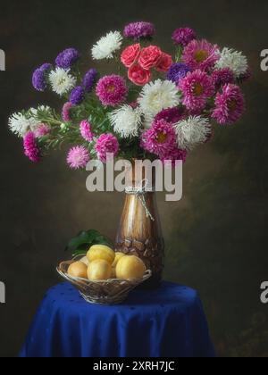 Still life with splendid bouquet and fruits Stock Photo - Alamy