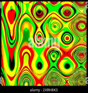 Abstract colorful psychedelic pattern with concentric circular shapes and flowing organic lines in vivid red, green, yellow and black, creating a vibr Stock Photo