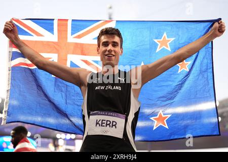 New Zealand's Hamish Kerr celebrates winning gold in the Men's High Jump Final at the Stade de France on the fifteenth day of the 2024 Paris Olympic Games in France. Picture date: Saturday August 10, 2024. Stock Photo