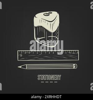 Sketch set sharpener, ruler pencil for sketching drawn by hand on Dark background. Vector Stock Vector