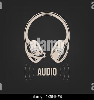 Hand-drawn sketch of headphones with a microphone on a dark background. Vector Stock Vector
