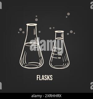 Sketch of two laboratory flasks for chemistry lessons, hand-drawn Dark background. Vector Stock Vector