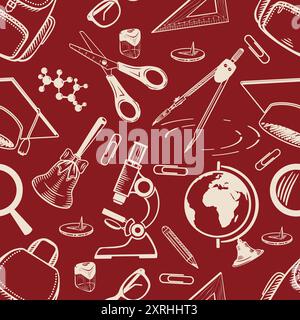 seamless pattern sketch style chalk school supplies white color on dark background vector Stock Vector