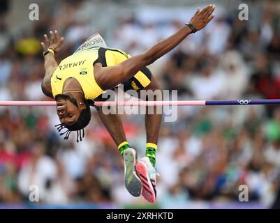 Paris, France. 10th Aug, 2024. Romaine Beckford of Jamaica competes during the men's high jump final of Athletics at the Paris 2024 Olympic Games in Paris, France, Aug. 10, 2024. Credit: Song Yanhua/Xinhua/Alamy Live News Stock Photo