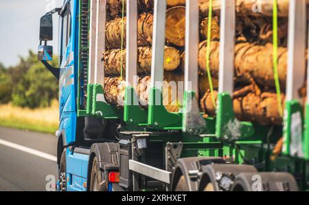 A blue truck loaded with logs drives on a rural highway under clear skies, showcasing a common transport scene. Stock Photo