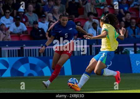 Paris, Ile de France, France. 10th Aug, 2024. United States forward Trinity Rodman (USA) (5), competes against Brazil in the Women's Football Finals at the le Parc de Princes Stadium during the 2024 Paris Summer Olympics in Paris, France. The United States wins the Gold Medal with a score of 0-1 in regulation play. (Credit Image: © Walter Arce/ZUMA Press Wire) EDITORIAL USAGE ONLY! Not for Commercial USAGE! Credit: ZUMA Press, Inc./Alamy Live News Stock Photo