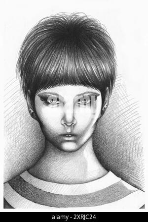 The image is a black and white pencil drawing of a woman's face with a 1960s hairstyle, featuring an intense and enigmatic expression. Stock Photo