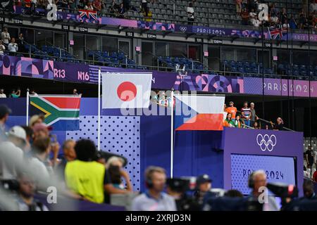 Saint-Denis, France. Credit: MATSUO. 10th Aug, 2024. Flags Athletics : Women's Javelin Throw Medal ceremony during the Paris 2024 Olympic Games at Stade de France in Saint-Denis, France. Credit: MATSUO .K/AFLO SPORT/Alamy Live News Stock Photo