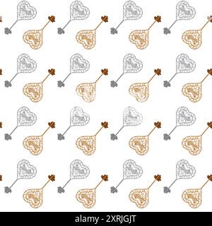 Antique forged, ornate key. Simple seamless pattern on a white background. Vector illustration. Stock Vector