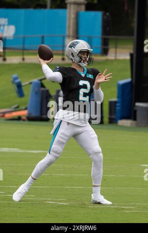 Charlotte, NC: Carolina Panthers quarterback, Jake Luton (2) drops back to pass during minicamp at Bank of America Stadium on Tuesday, August 6, 2024. Stock Photo