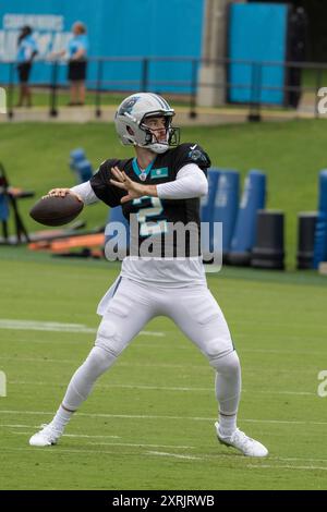 Charlotte, NC: Carolina Panthers quarterback, Jake Luton (2) drops back to pass during minicamp at Bank of America Stadium on Tuesday, August 6, 2024. Stock Photo