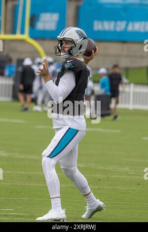 Charlotte, NC: Carolina Panthers quarterback, Jake Luton (2) drops back to pass during minicamp at Bank of America Stadium on Tuesday, August 6, 2024. Stock Photo