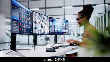 African Woman Video Conference Business Call On Computer Screen Stock Photo