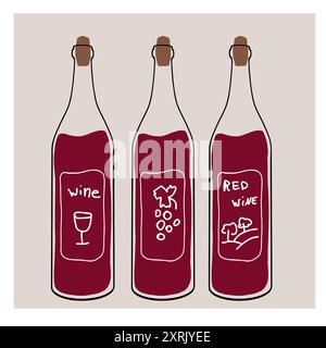 Artistic depiction of three wine bottles featuring different labels in a simple and colorful design Stock Vector