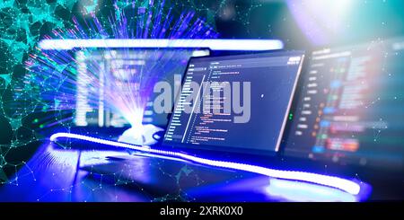 Program code on a computer monitor with fiber optic background. Internet and technology concept. Stock Photo