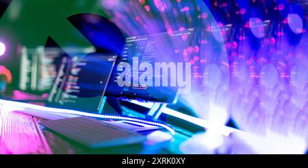 Program code on a computer monitor with fiber optic background. Internet and technology concept. Stock Photo