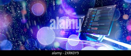 Program code on a computer monitor with fiber optic background. Internet and technology concept. Stock Photo