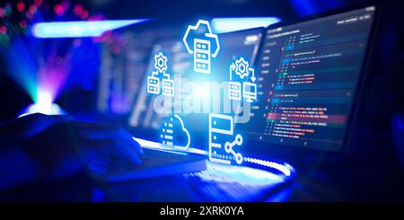 The concept of storing data on a server, combining into one array, data transfer, distribution from a server, protection.Innovative startup project. Stock Photo