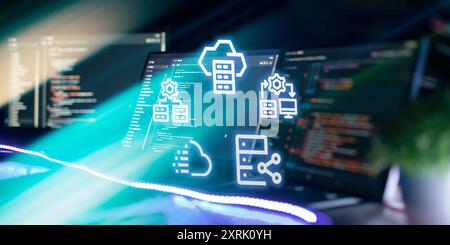 The concept of storing data on a server, combining into one array, data transfer, distribution from a server, protection.Innovative startup project. Stock Photo