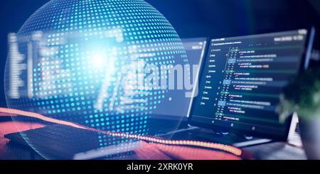 Computer monitor with abstract world map and binary code. Programming anywhere in the world.Innovative startup project. Stock Photo