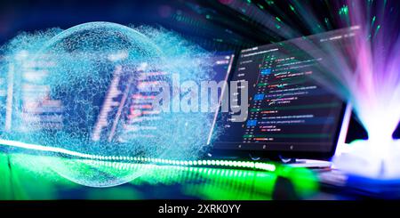 Computer monitor with abstract world map and binary code. Programming anywhere in the world.Innovative startup project. Stock Photo