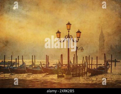 Vintage image of gondolas in Venice at sunrise, Veneto, Italy. Stock Photo