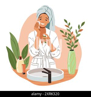 Smiling woman cleaning face with cotton disk flat color vector illustration. Female pampering skin with cosmetic product concept icon on white Stock Vector