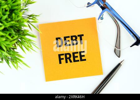 Conceptual debt free symbol. Copy space. Debt free words written on a yellow mustard flower sticker on a white background Stock Photo